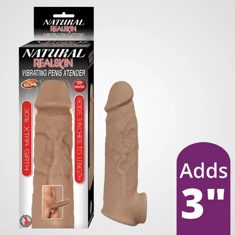 Natural Realskin Vibrating Penis Xtender with Scrotum Hole (Brown)