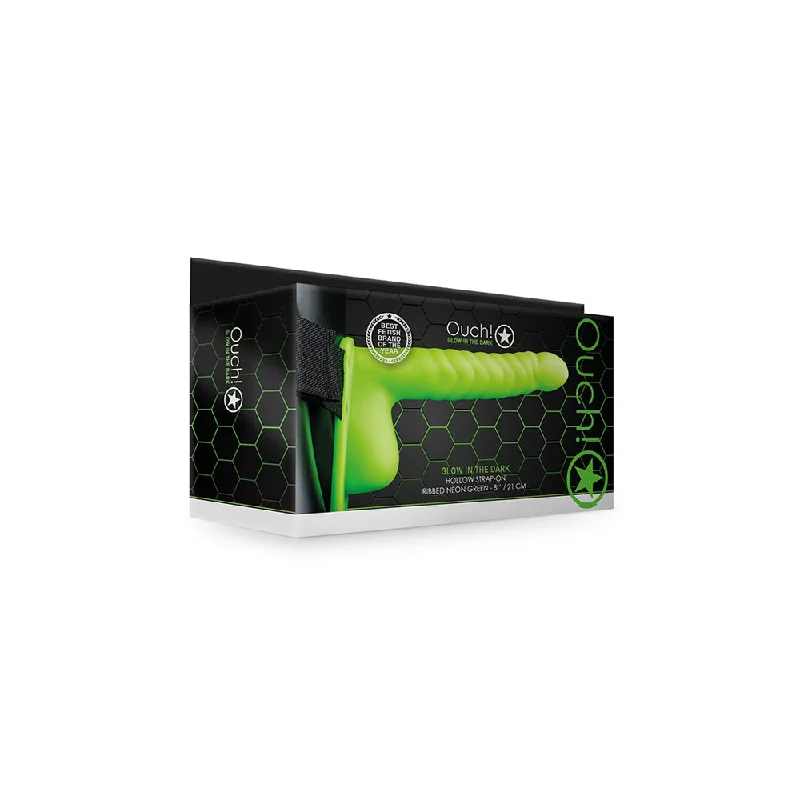 Ouch! Ribbed Hollow Strap-On With Balls 8" Glow In The Dark